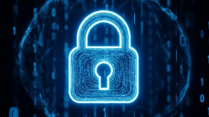 Glowing blue digital padlock symbolizes data security and online protection amidst flowing binary code. - Powered by Adobe