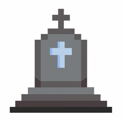 Fototapeta premium Pixel Art Gravestone with Cross Retro Video Game Style Cemetery Icon
