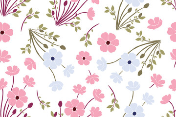 Leaves and flower seamless pattern wallpaper, greenery on white background. hand draw style.