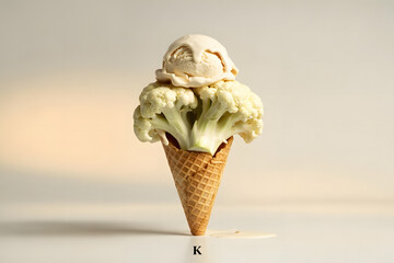 Signed "K". Fresh white cauliflower atop vanilla ice cream in a crisp golden waffle cone, warm beige background, sharp focus, soft light. Playful, surreal food art, perfectly still.