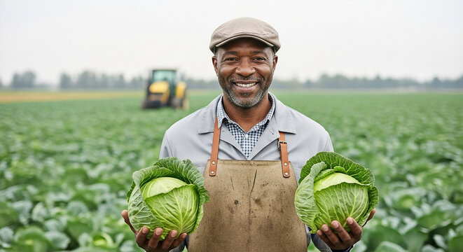 Smiling african american farmer holding cabbages in a field with a tractor in the background - Powered by Adobe