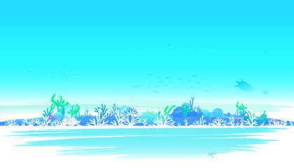 Underwater world scene of coral reefs and sea life in the deep blue ocean.

