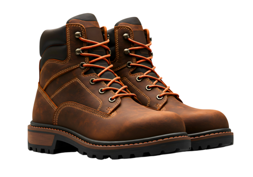 Pair of rugged brown leather work boots with orange laces isolated on transparent background