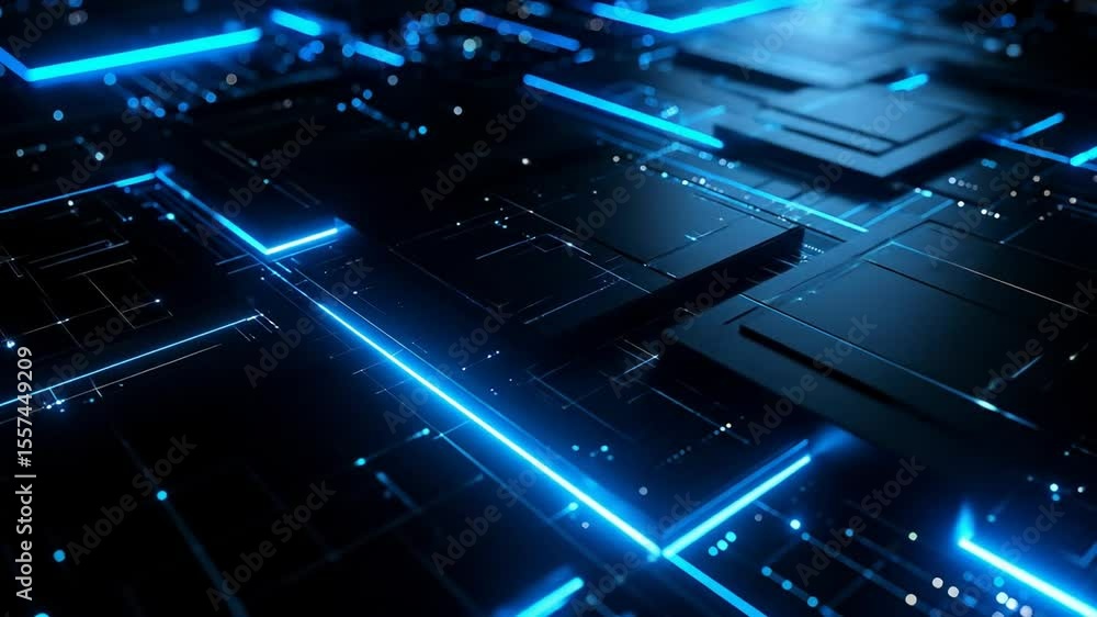 Poster abstract digital circuit board illustration with blue illuminated lines and computer chip details