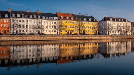 Naklejka premium serene view of copenhagens iconic architecture and canals captured in ultrabright colors