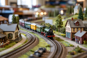Photo of detailed miniature railroad diorama featuring steam train, quaint town, rolling green hills, tilt-shift blur effect, and warm sunlight enhancing depth.