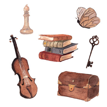 Watercolor Vintage Hobbies Collection &ndash; Violin, Books, Butterfly, Key, Chest, Chess &ndash; Old World Pastimes Illustration. Isolated hand drawn elements. Soft brown painting. Realistic cozy vibe. 