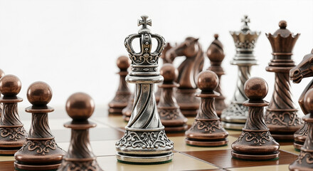 A silver king chess piece stands prominently among other chess pieces on a wooden board