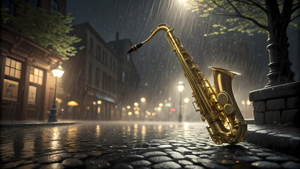 Golden saxophone on a rainy city street at night music instrument jazz blues tenor sax brass band