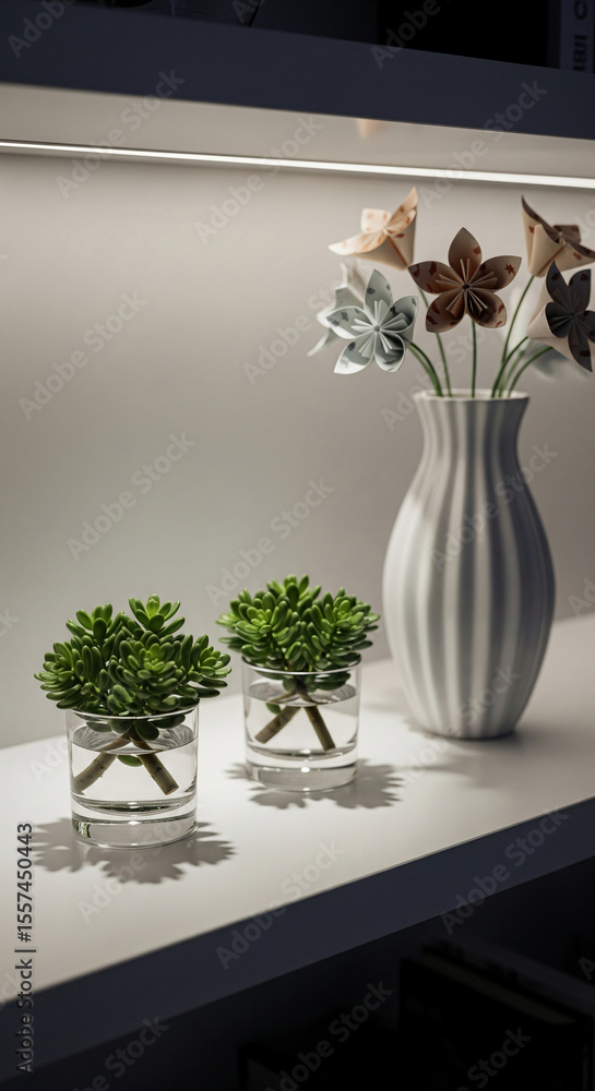 Poster white shelf with illuminated background showcases succulents in glass containers and origami flowers