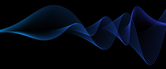 Neon sound wave on black background. Abstract flowing wavy dot lines design for ai concept, eq equalizer, audio record, voice assistant. Vector blue purple gradient.
