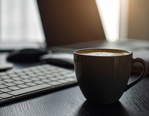 Morning Coffee Break: Laptop, Keyboard, and Cappuccino on Dark Wood Desk