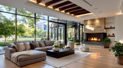 Obraz premium Natural light fills stylish modern lounge space high resolution image