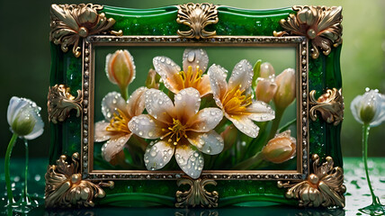 A golden jewelry box adorned with festive flowers, beads, and a ribbon, perfect for a Christmas tree decoration or holiday gift