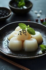 The surface of the mung bean paste is smooth, paired with diced fruits and mint leaves