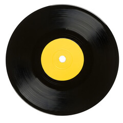 Obraz premium 45 rpm vintage vinyl record, yellow inside, isolated on white or transparent background. PNG