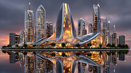 Sci-fi cityscape with glowing glass towers high resolution image