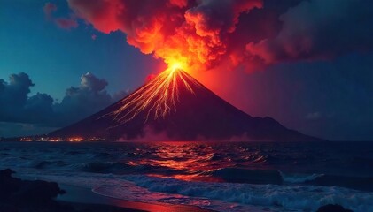 Dramatic Nighttime Eruption of Hawaiian Volcano Fiery Lava Flowing into Ocean