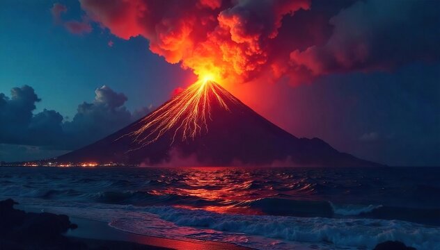 Dramatic Nighttime Eruption of Hawaiian Volcano Fiery Lava Flowing into Ocean