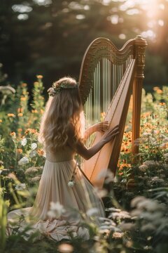 A harpist plays in the garden, with soft sunlight shining on the harp
