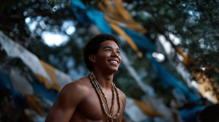 A joyful dancer preparing for a parade with colorful decorations