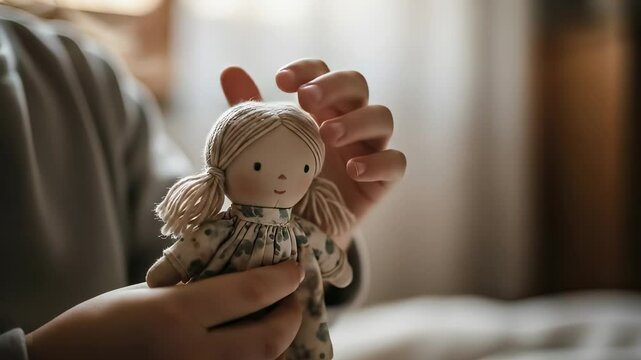 Childs hands gently stroke the head of a handmade fabric doll showcasing tender play indoors.