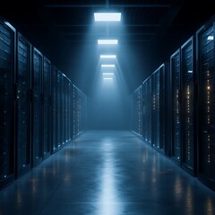 Emergency Lights Illuminate a Dark Data Center; Power Failure, Server Room Blackout, Technology .