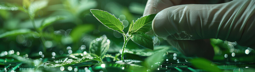 A person is touching a plant with their gloved hand. The plant is green and he is a young, healthy one. The person is wearing gloves, which suggests that they are handling the plant with care