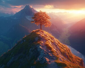 Majestic lone tree atop a mountain peak at sunrise