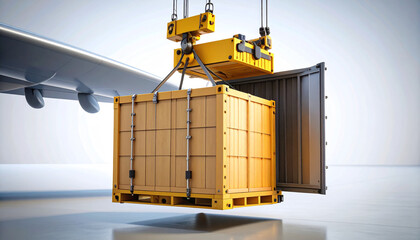 Cargo Loading and Transportation: A dynamic view of a shipping container being lifted by a crane toward an aircraft, symbolizing global transport, efficiency, and commerce.