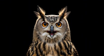 Naklejka premium Majestic Eurasian eagle-owl portrait with intense orange eyes and open beak. A close-up of a nocturnal bird of prey on a black background, symbolizing wisdom and wild nature.
