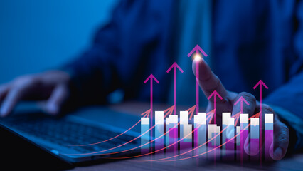 Expert Hand Interacts With Vibrant Digital Bar Chart, Highlighting Financial Growth Prominent Magenta Arrow On Blue Background Shows Success Trajectory, With Keyboard Nearby