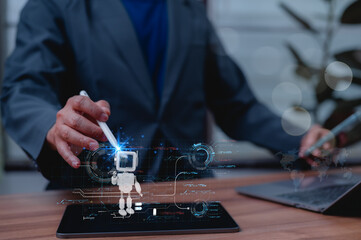Professional Mastering Human Ai Interaction Via Holographic Digital Interface On Tablet In Modern Office This Human computer Interaction Enhances Digital Wellbeing, Connecting Global World