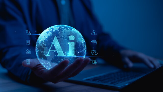 Human Hand Cradles Luminous Blue Digital Globe, Representing Global Ai Intelligence And Data driven Innovation This High-tech Vision Highlights Pervasive Reach Of Artificial Intelligence
