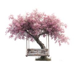 PNG Serene Pink Blossom Tree with Rustic Swing Bench Peaceful Nature Scene against transparent Background