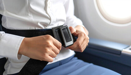 Buckle Up: A close-up shot of a person's hands securing a seatbelt on an airplane, highlighting the importance of safety and readiness for travel.