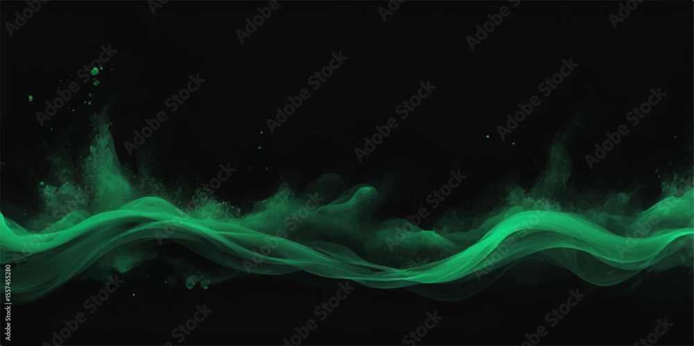 Poster abstract green smoke swirls with flowing light, creating an energetic and colourful pattern on a dar