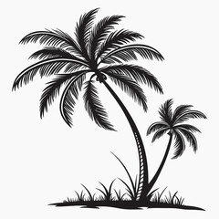 Naklejka premium Palm tree silhouettes in flat black vector style, great for nature illustrations, sunset compositions, and adventure-themed visuals.