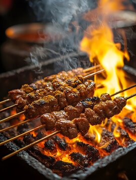 The sizzling lamb skewers are sprinkled with chili powder and cumin, set against the bustling backdrop of a barbecue stall