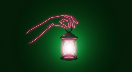 Pixel Art Hand Holding Glowing Lantern in Dark Green Background