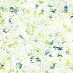 Thin curves and bright splashes. Abstract seamless background. Japanese pattern imitation. Prussian blue, dark teal, avocado green and green yellow colors.