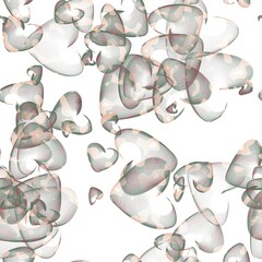 Transparent flying hearts on the white background. Abstract seamless pattern. Dark chestnut, cactus green and cavern pink colors