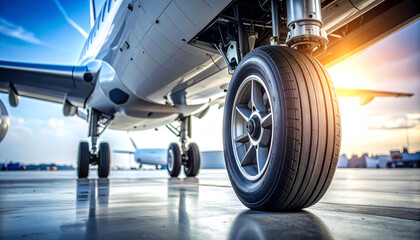 Airplane Tire on Runway: A detailed view of an airplane tire resting on a runway, the focus highlighting the robust engineering of the aircraft's undercarriage in preparation for flight.