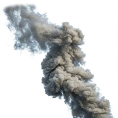 Dense gray smoke plume rising against a white background High resolution image of a large billowing smoke cloud