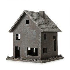 Dark gray metal model house dilapidated missing windows and doors detailed roof isolated on white