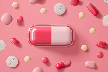 Pink Floating Rectangular Product Label Mockup with pills, tablets and capsules floating nearby