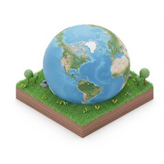 Earth globe on grassy square patch isometric view Green grass small trees and yellow flowers