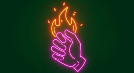 Pixel Art Neon Hand Holding Flame