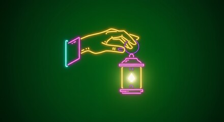 Pixel Art Neon Lantern Hand Holding Glowing Light