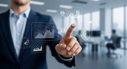 Businessman interacts with business analytics data on a futuristic digital touch screen in modern office